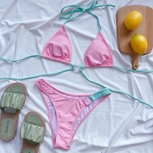 Pastel pink and green color block bikini set